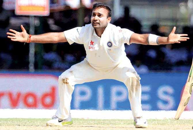Amit Mishra appeals on Day Three of the second Test on Saturday. Pic/Solaris Images