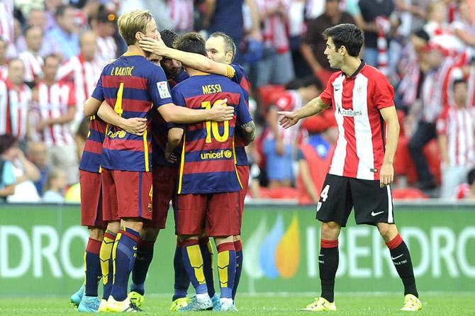 Barcelona players celebrate their victory by 1-0 at the end of the Spanish league football match Athletic Club Bilbao vs FC Barcelona at the San Mames stadium in Bilbao. Pic/AFP
