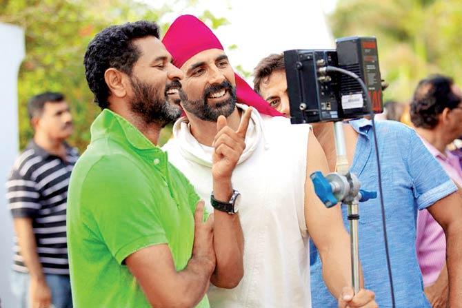 Prabhu Dheva with Akshay Kumar and (right) Vishnu Dheva on the set of Singh Is Bliing