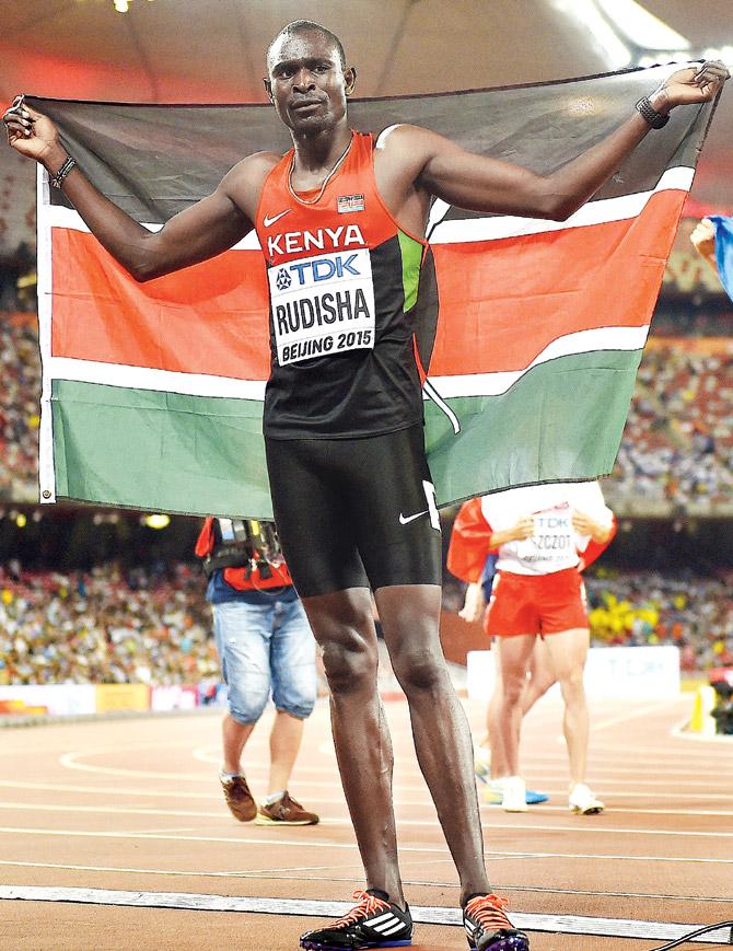 Kenyan David Rudisha celebrates after winning gold in the men