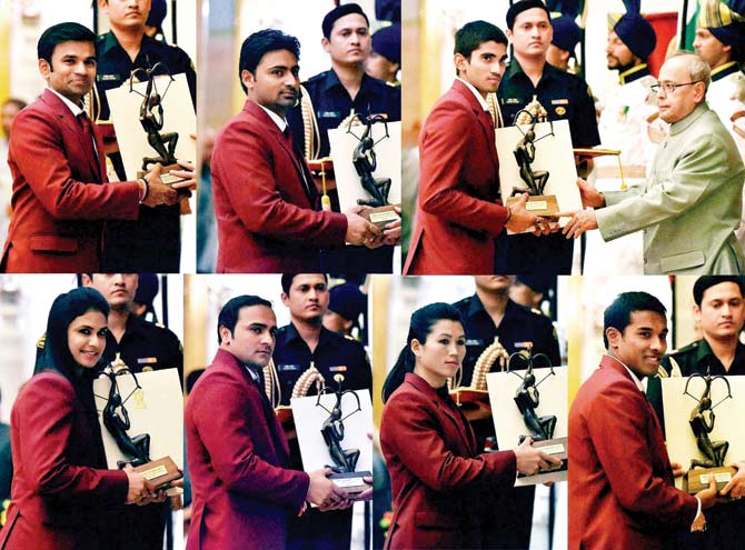 A  combination of images of sportspersons receiving the Arjuna Award from President Pranab Mukherjee. Anti-clockwise from top second right: Kidambi Srikanth (badminton), Sandeep Kumar (archery), Anup Kumar Yama (roller skating), Abhilasha Shashikant Mhatre (kabaddi), Manjeet Chhillar (kabaddi), Y Sanathoi Devi (Wushu) and Sharath M Gaekwad (para-swimming). PIC/pti 