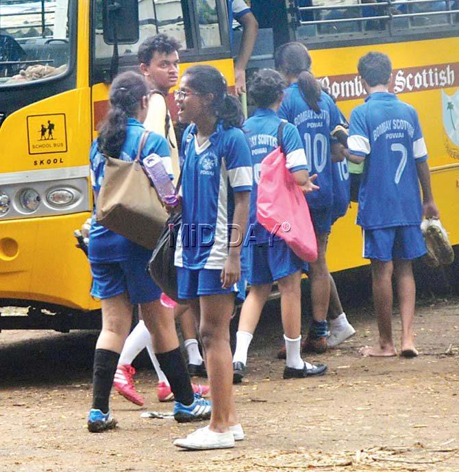 Bombay Scottish (Powai) girls head back to their school bus in their match attire following their District Sports Office (DSO) U-17 football fixture against St John