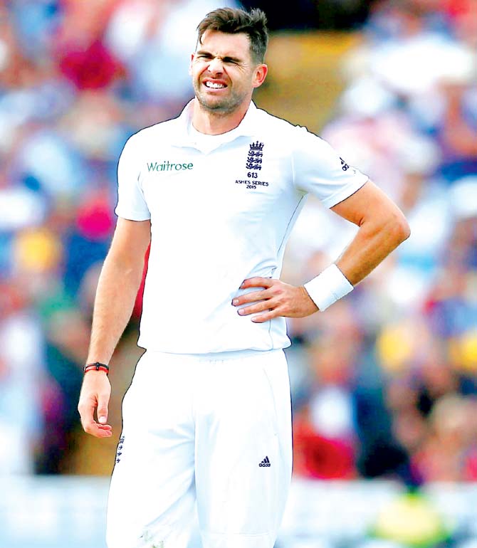 James Anderson grimaces in pain during the third Test against Australia last week. Pic/Getty Images