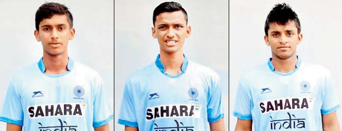 Three cheers for city hockey: Mumbai lads Suraj Karkera (left), Karan Thakur and Rajat Sharma (right) are in the India U-21 probables for the Sultan of Johor Cup in Malaysia