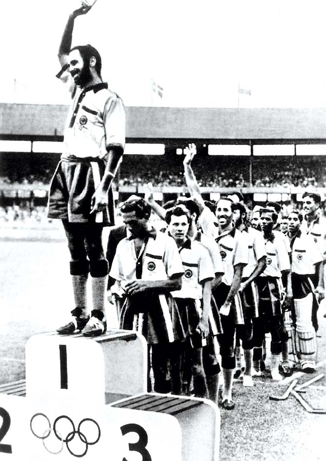 India captain Balbir Singh on the podium at the Melbourne Olympics in 1956. Pic/Getty Images
