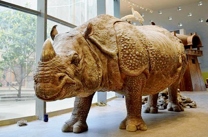 A star attraction is the imposing GFRC (Glass Fibre Reinforced Concrete) rhino made in Xiamen, China. Behind him lies a mound of fake poop.   PIC COURTESY/ BIHAR MUSEUM