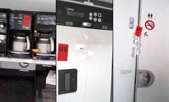 The equipment, which is not functioning is marked US unserviceable, so the next operating crew team knows this. Here, a coffee maker has been marked, a damaged oven in an aircraft, is marked the same way and a toilet marked unserviceable