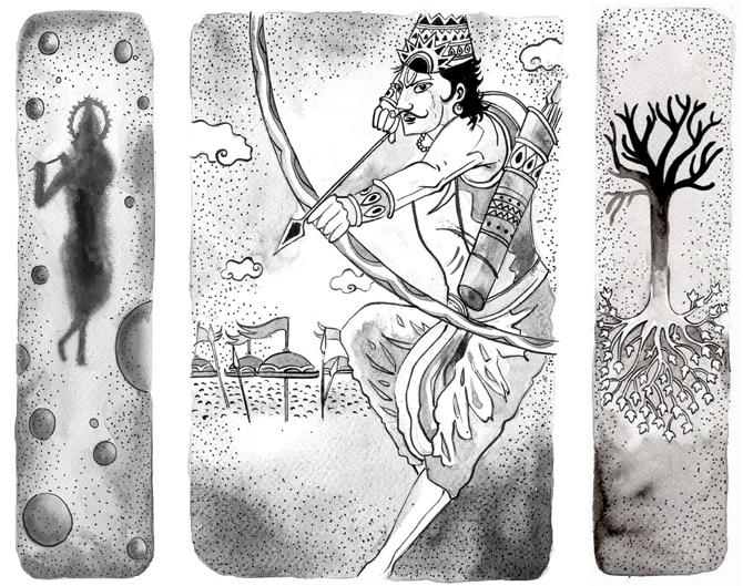 panel from chapter 9; (centre) Arjuna at war; (left) panel from  chapter 15