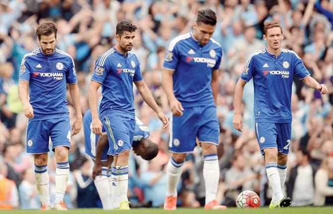 Chelsea’s (left to right) Cesc Fabregas, Diego Costa, Radamel Falcao and Nemanja Matic after their team’s  0-3 defeat to Man City in an EPL match at the Etihad Stadium in Manchester yesterday. pic/afp