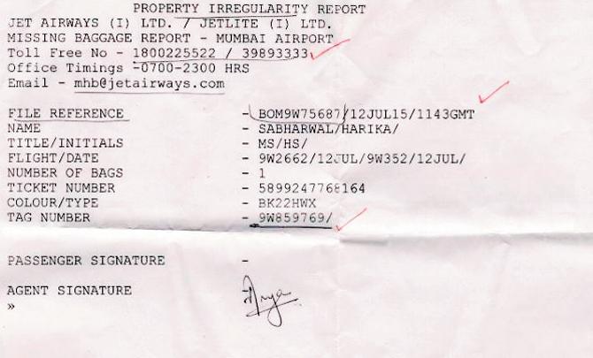 Acknowledgment receipt issued to Veena Seth about her missing luggage 