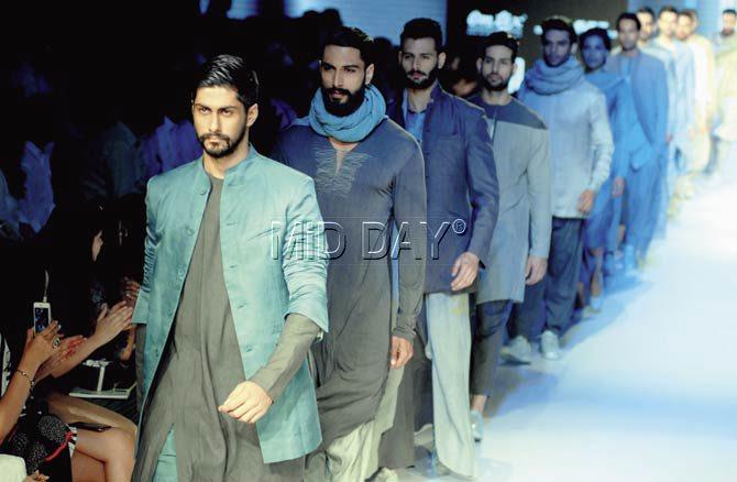 Models in outfits of a single colour palette from the label Antar Agni’s line. Pic/Shadab Khan