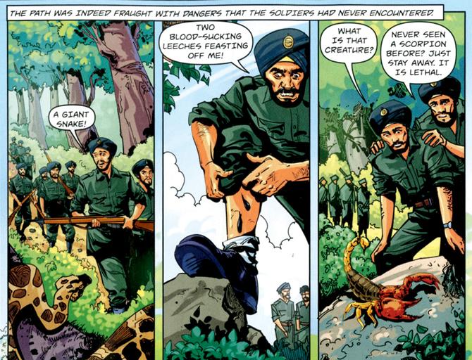 This panel on Lance Naik Karam Singh shows the dangers they faced in the jungles along the Indo-Myanmar border