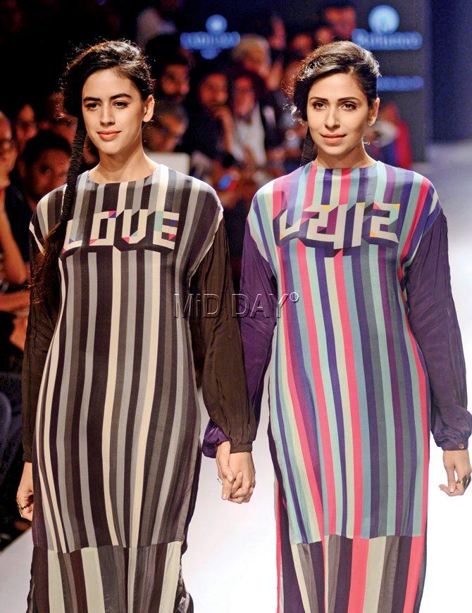 Models in multi-striped maxis, one of the highlights of Quirk Box’s collection, Love Story. Pic/Bipin Kokate