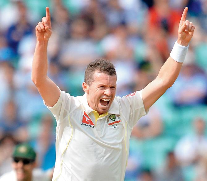 Pacer Peter Siddle celebrates the final wicket of England’s Moeen Ali as Australia beat England to win the fifth Test at the Oval yesterday