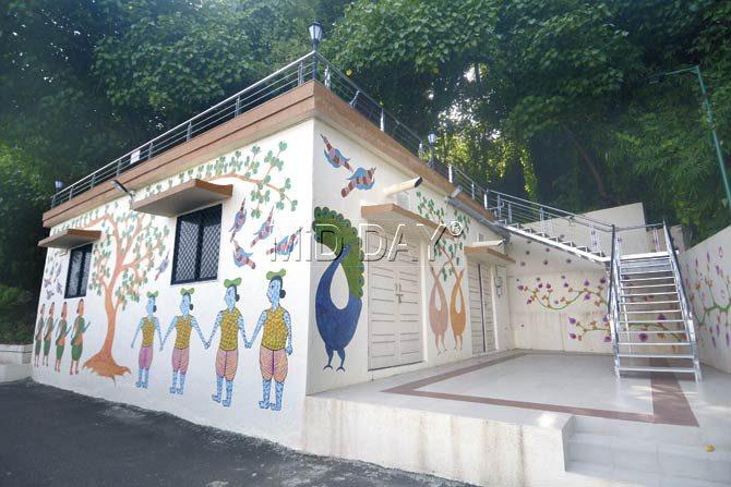 The Sunrise Point Yoga Gallery is built on this powerhouse, decorated with hand paintings by an artist from Madhya Pradesh