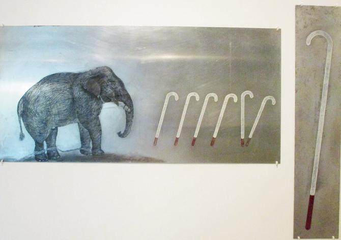 Sachin Bonde questions our political stance with elephant etched onto metal, only to be lead by the blind man’s stick