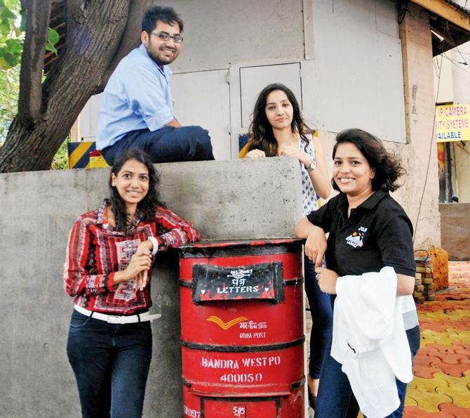 (L-R) Sameen Borker, Fayesal Siddiqui, Heema Joshi, Sandhya Kannan at the Pali Market postbox in Bandra