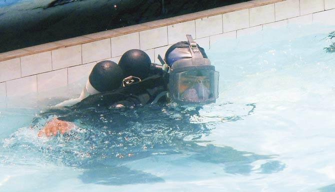 A file picture of NCC cadets learning scuba diving at the Navy Nagar swimming pool. The Worli sea aquarium will be the city’s first indoor scuba diving facility