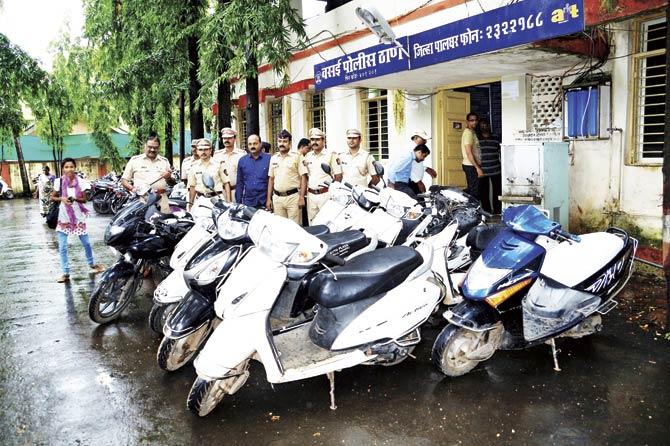 The recovered two wheelers outside Vasai police station