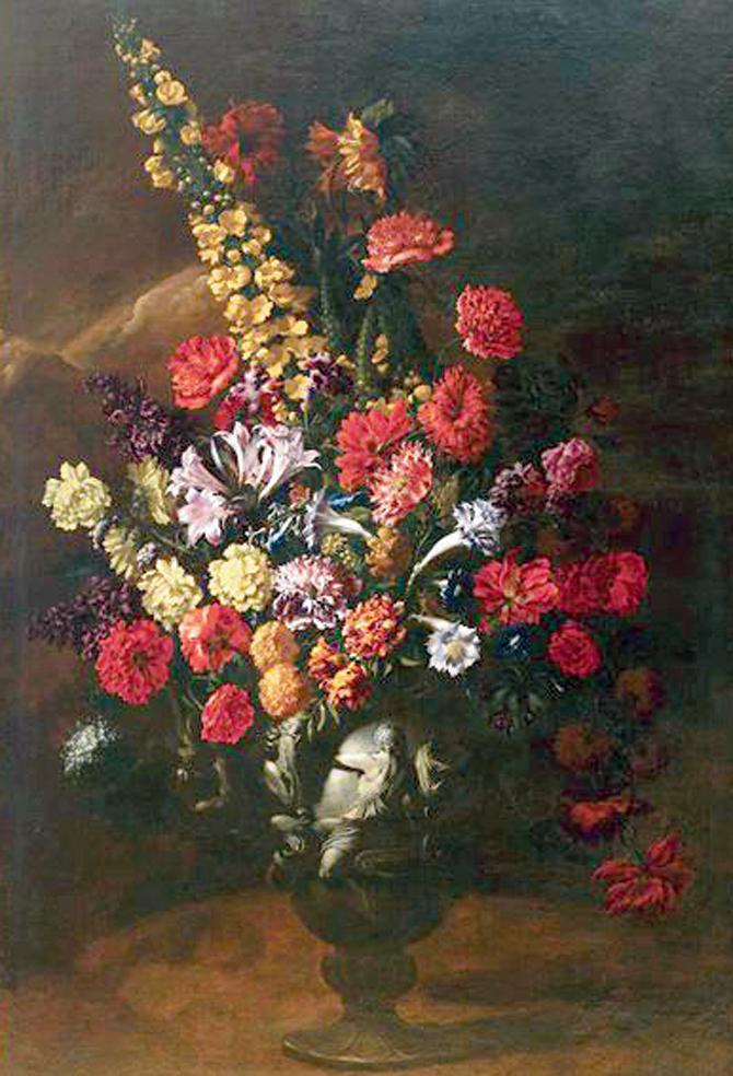 Art experts examining the damage on the Paolo Porpoura’s painting Flowers (