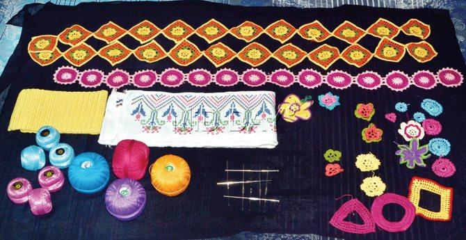 Some of the raw material that goes into creating the ridas, (clockwise from top) crochet laces and other design elements like flowers, circles, squares crocheted by Kachwala, needles and cotton, silk and neemjari threads. pics/Datta Kumbhar