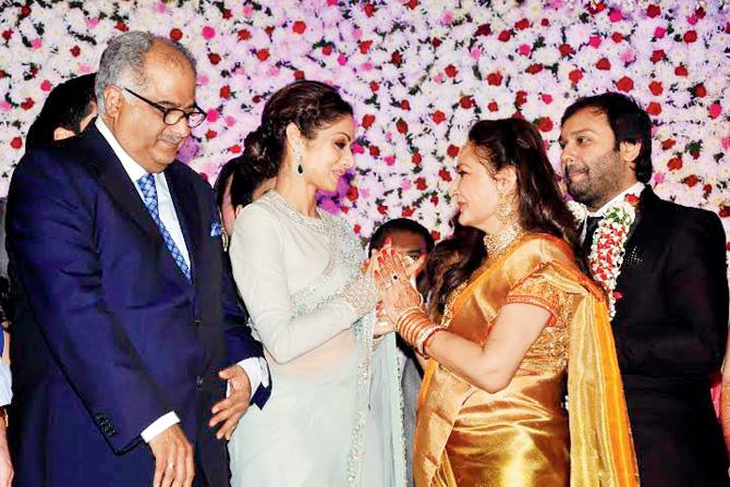 Boney Kapoor, Sridevi and Jaya Prada at the wedding reception in Hyderabad 
