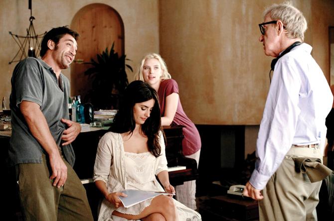 On the sets of Vicky Cristina Barcelona (2008) with Javier Bardem, Penelope Cruz and Scarlett Johansson