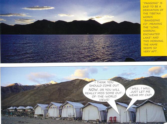 A tent camp by the blue waters of the Pangong lake. Pangong is a derivation of the Tibetan word ‘Banggong’ which means the low, narrow, enchanted lake