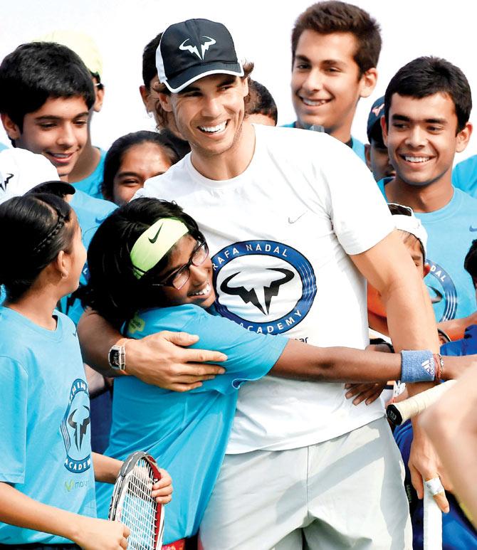 Rafael Nadal after a coaching clinic with kids in New Delhi yesterday. Pic/AFP