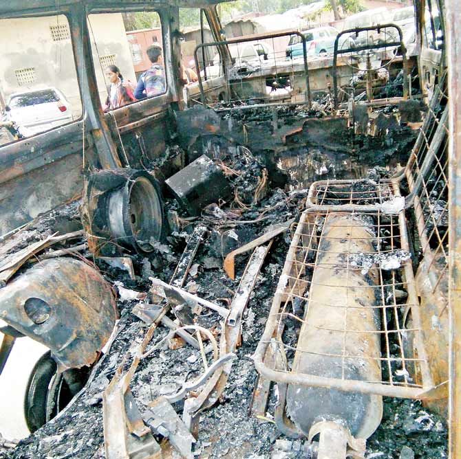 The cardiac ambulance, after the blasts that were supposedly caused due to a faulty oxygen cylinder