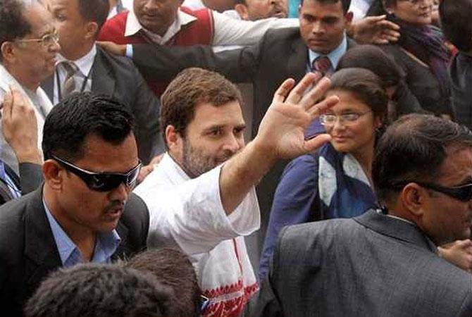 Congress Vice President Rahul Gandhi waves during his 