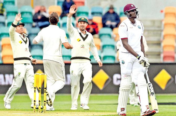 Australia players celebrate the wicket of West Indies captain Jason Holder in Hobart on Saturday. Pic:AP/PTI