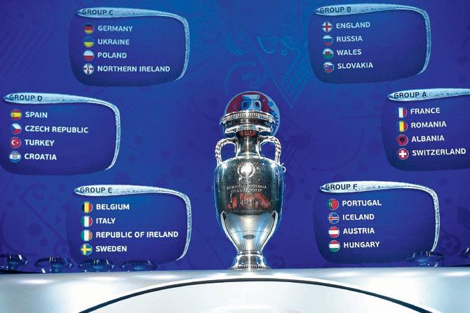 The Euro 2016 groups are displayed behind the trophy in Paris on Saturday. Pic/AFP