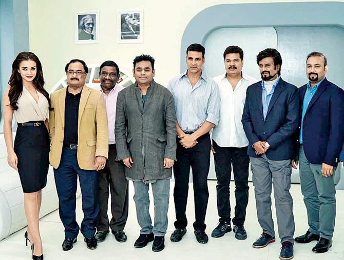 Amy Jackson, AR Rahman, Akshay Kumar, director Shankar (third from right) and Rajinikanth with unit members at the mahurat of their film, Robot 2, on Wednesday in Chennai