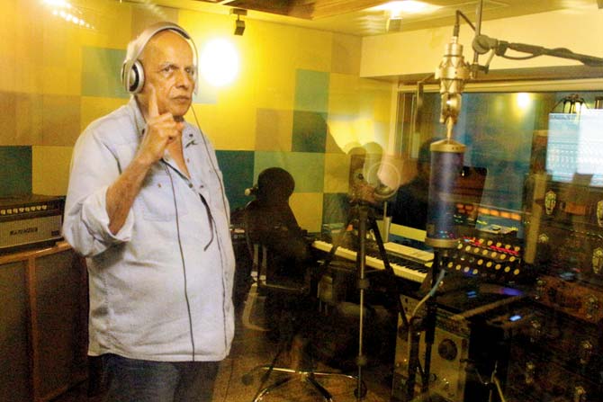 Mahesh Bhatt at a music studio during a recording of the title track for the play, Hamari Adhuri Kahani