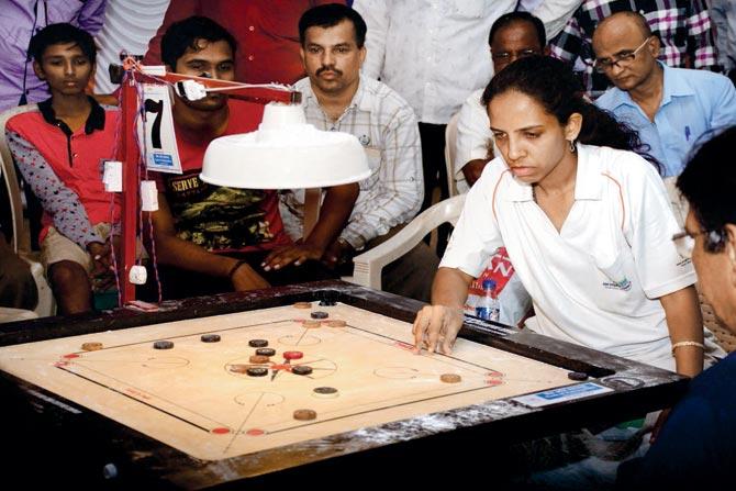 State champion Ayesha Mohammad during the Mumbai District carrom final in Lower Parel recently 