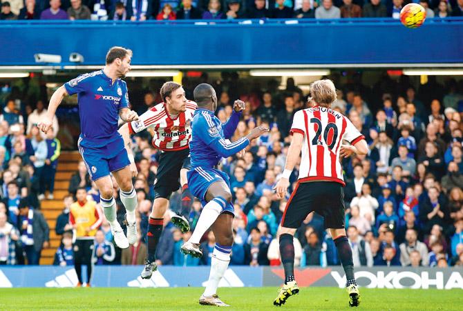 Branislav Ivanovic scores Chelsea’s first goal against Sunderland on Saturday at Stamford Bridge. Pics/Getty Images
