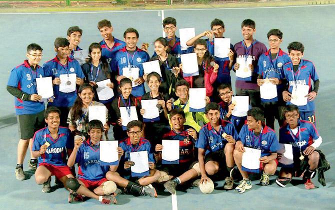 Players from the victorious Apeejay School (girls) and PG Garodia School (boys) are seen together at the DY Patil Stadium, Nerul