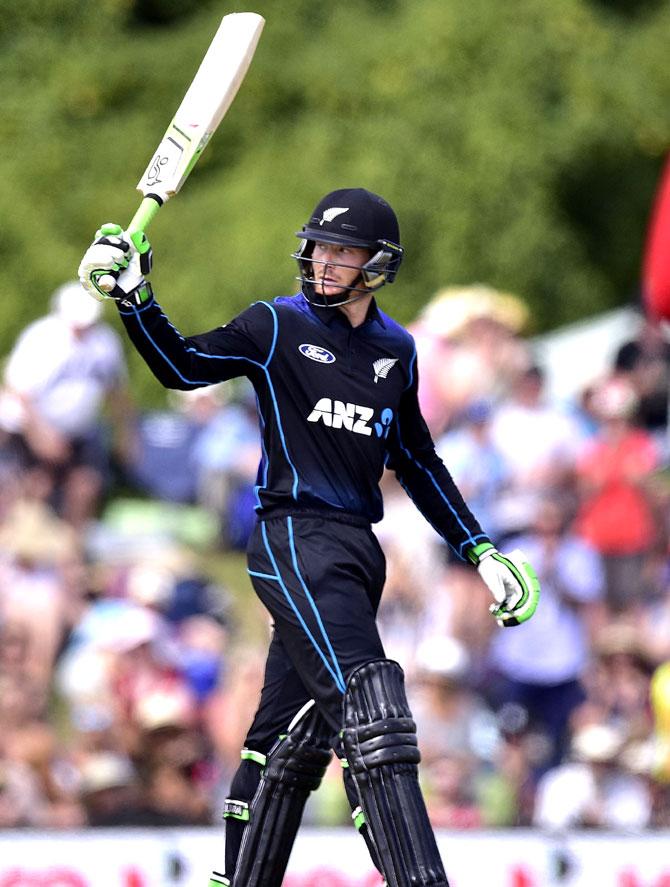Martin Guptill of New Zealand celebrates after reaching his half-century during the first one-day international cricket match between New Zealand and Sri Lanka at Hagley Park in Christchurch. Pic/AFP