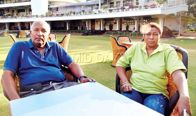 Former West Indies pacer Sir Andy Roberts with wife Laverne at the Cricket Club of India lawns in Brabourne Stadium yesterday. Pic/Suresh KK 
