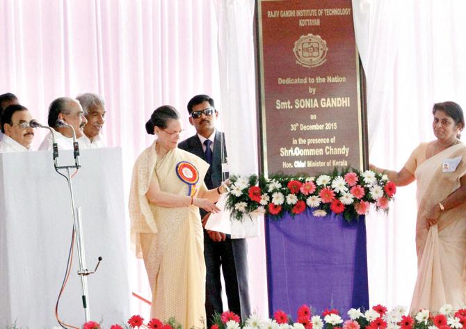 Sonia Gandhi inaugurates the silver jubilee celebrations of Rajiv Gandhi Institute of Technology in Kottayam yesterday. pic/pti