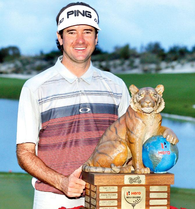 Bubba Watson poses with the trophy after his victory in Nassau on Sunday. Pic/AFP 