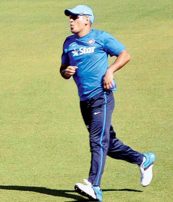 MS Dhoni during a practice session in Dharamsala last month. Pic/PTI