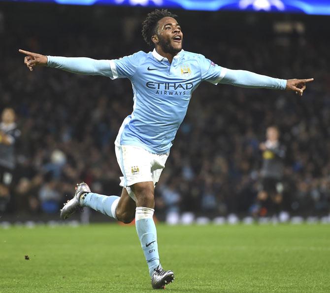 Manchester City-s English midfielder Raheem Sterling celebrates scoring his second and City-s third goal to take the lead 3-2 during the UEFA Champions League Group D football match between Manchester City and Borussia Moenchengladbach at the Etihad Stadium in Manchester. Pic/AFP