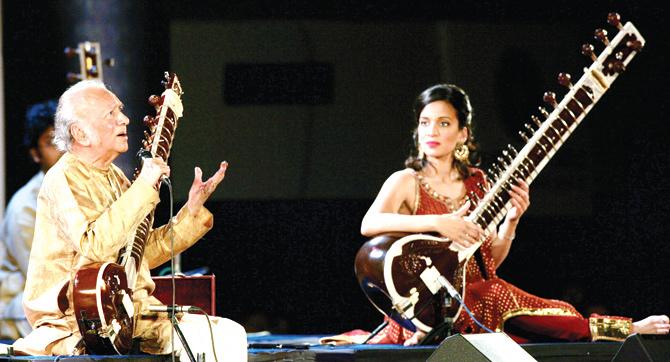 Anoushka Shankar performs with sitar maestro and her late father Pandit Ravi Shankar at the Dover Lane Music Conference in Kolkata in 2009. Pic/AFP