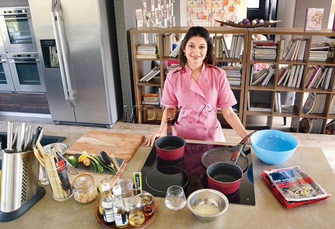 Chef Anjali Pathak at her cooking station in the studio. Pics/Pradeep Dhivar