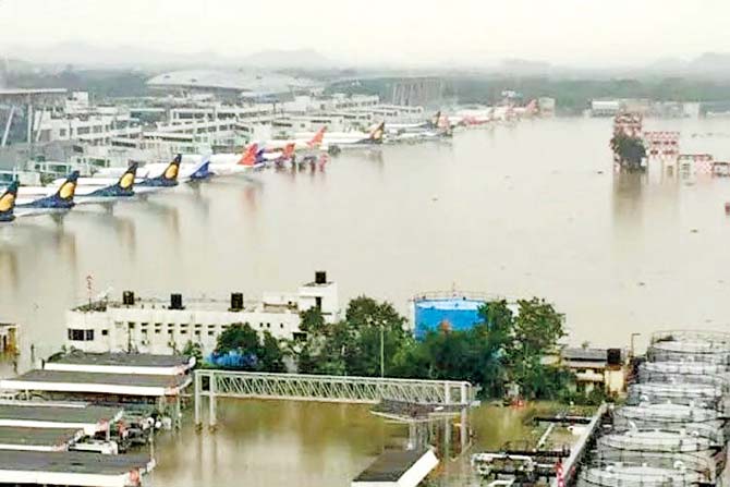 An aerial view of the waterlogged Chennai airport