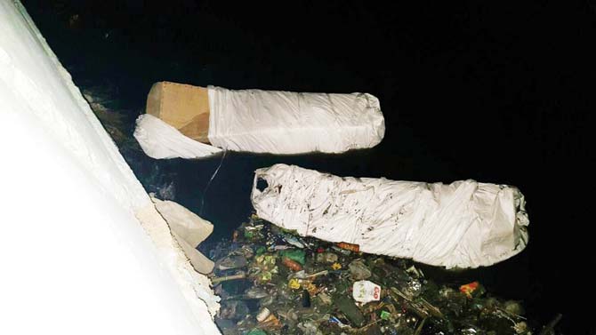 The boxes in which artist Hema Upadhyay and her lawyer Harish Bhambhani’s bodies were found. The boxes had been dumped in a drain in Kandivali
