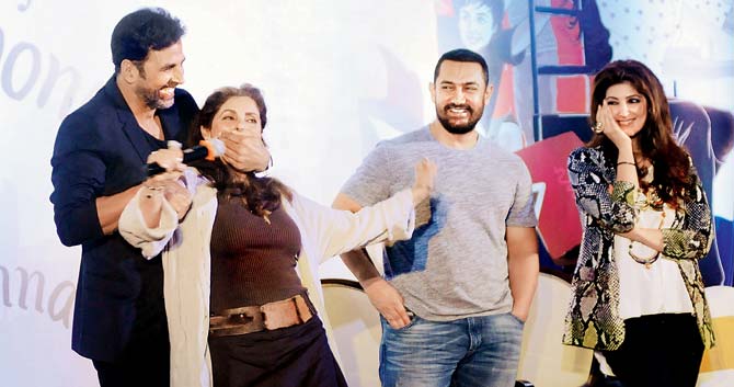 Akshay Kumar, Dimple Kapadia and Aamir Khan at the launch of Twinkle’s book