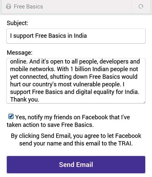 A screenshot of the Free Basics plan message on Facebook